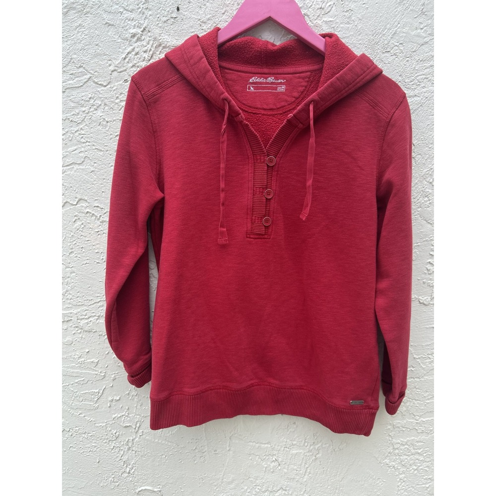Eddie Bauer Womens Red Henley Hoodie Pullover Fleece Lined Sweatshirt Size M